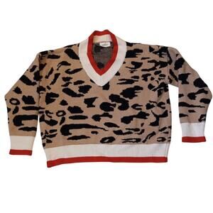 Adora beige leopard print V neck pullover knit sweater SIZE L